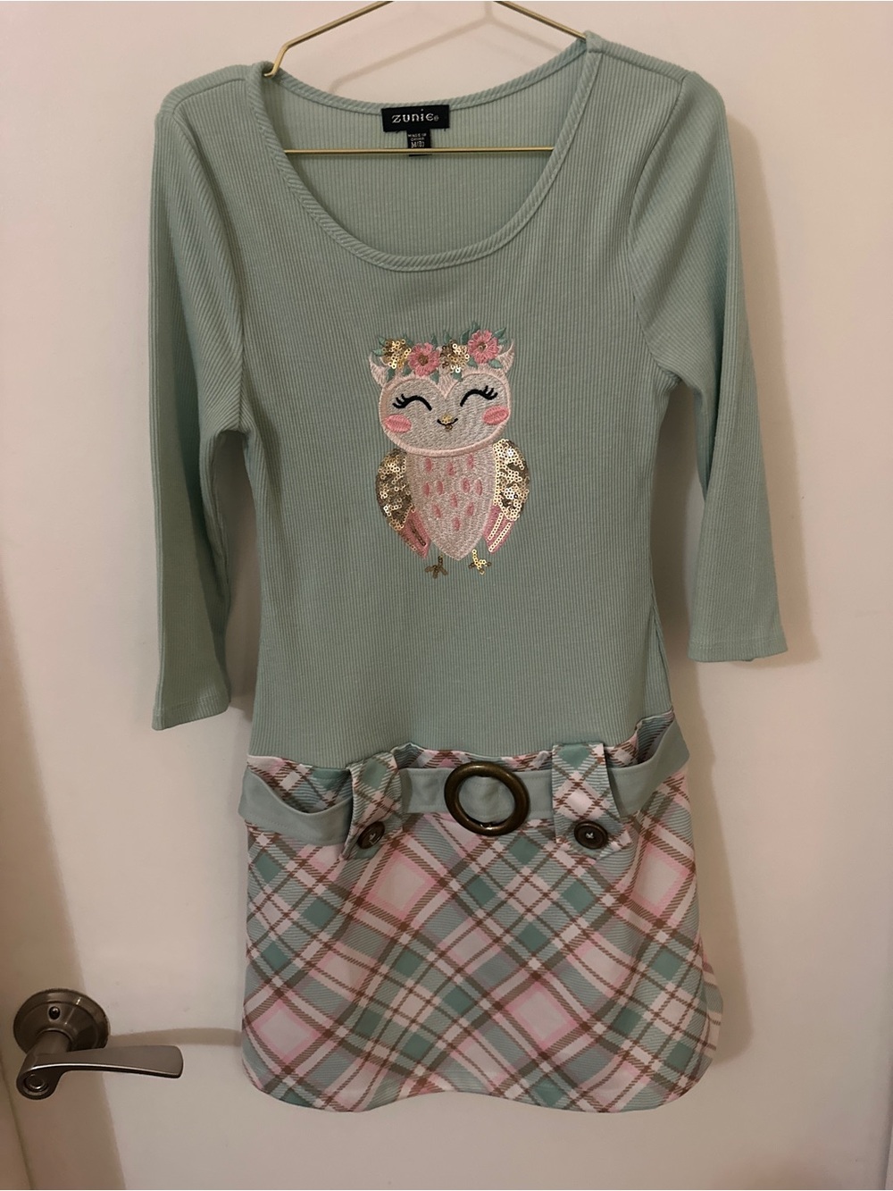 Zunie Girls Sequin Owl Plaid Dress Size 8 Mint Green purchased at Nordstrom
